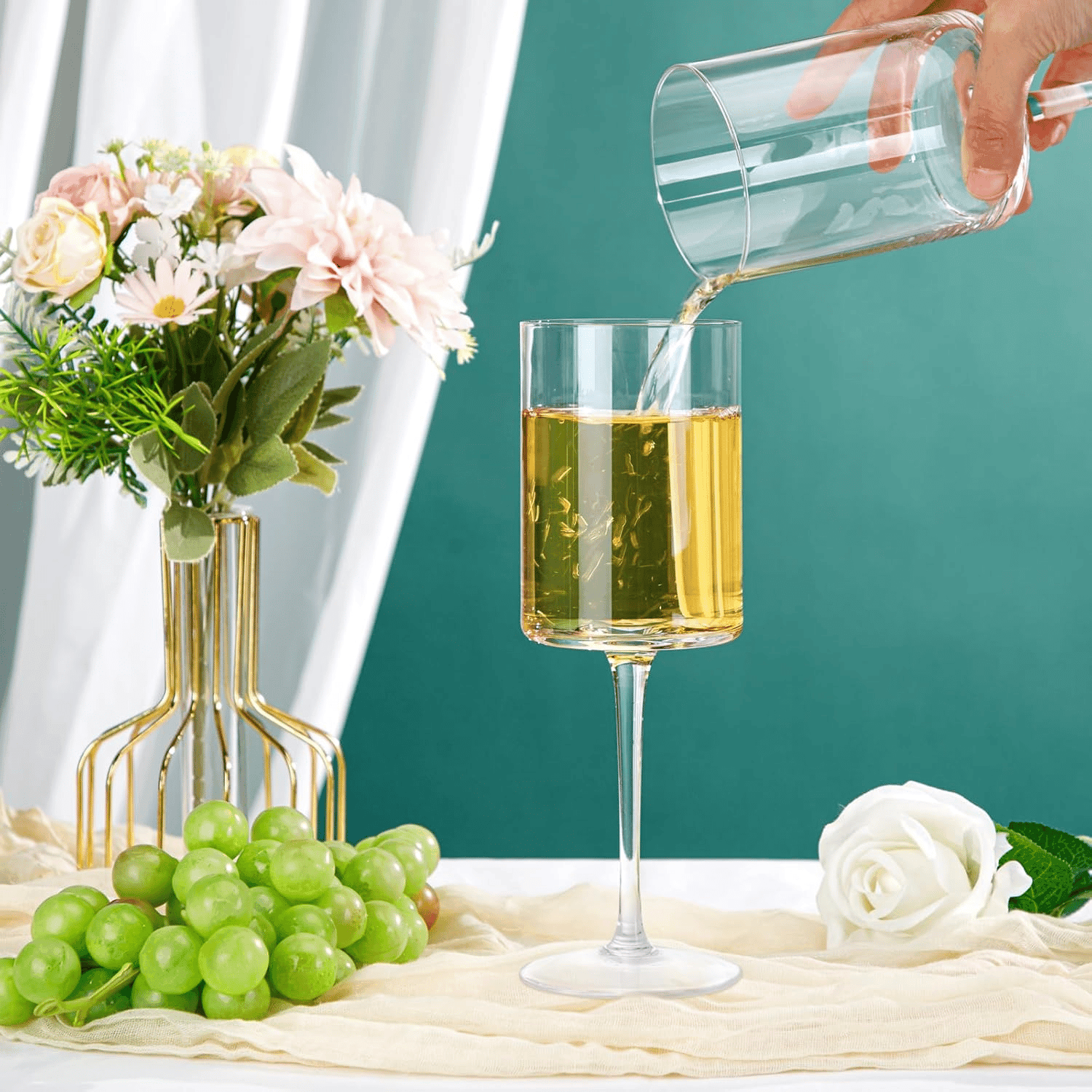 Square Crystal Wine Glasses, Long Stem, Dishwasher Safe (14 oz) — view 8