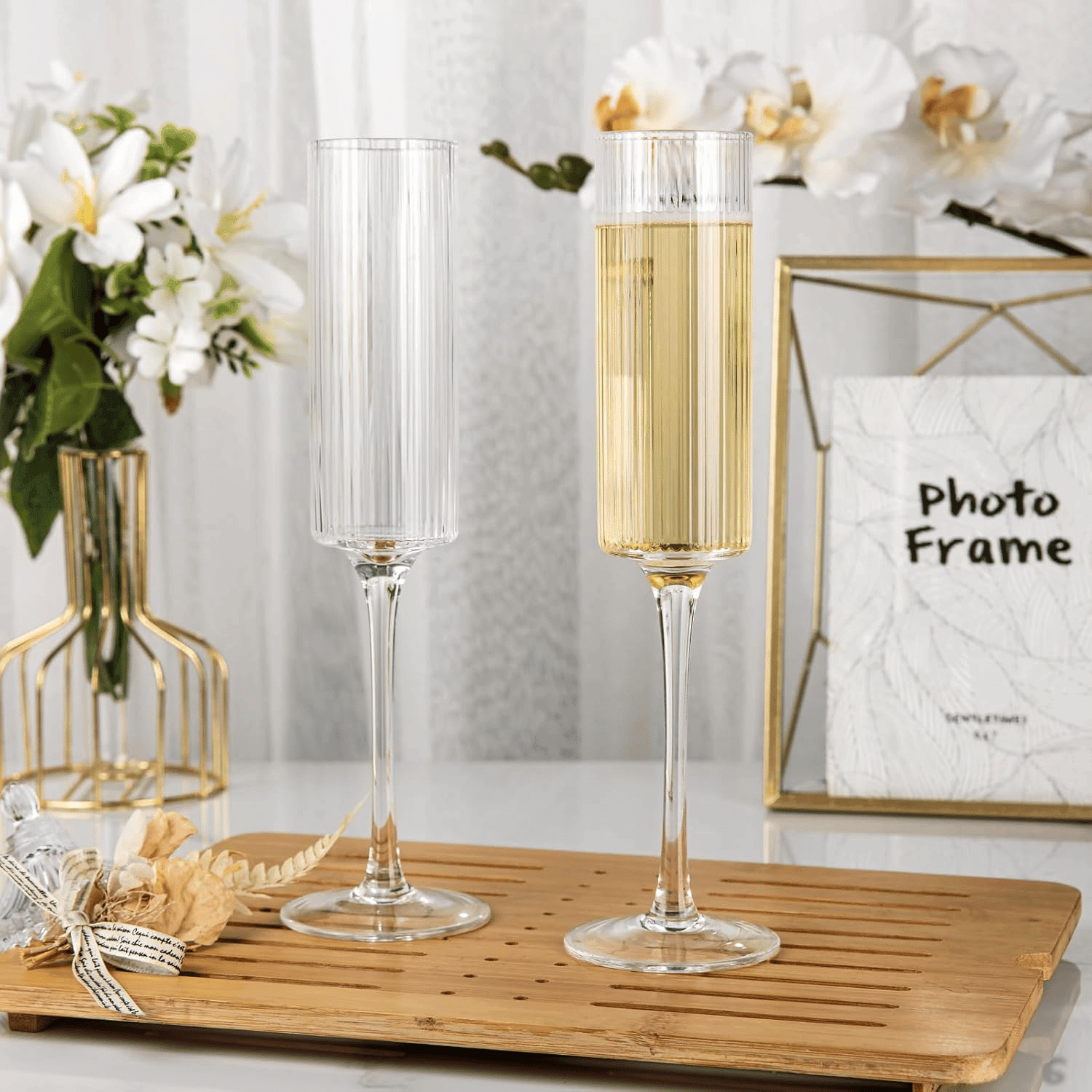 Long Stem Champagne Flutes, Ribbed Crystal, Hand Blown (6 oz) — view 8
