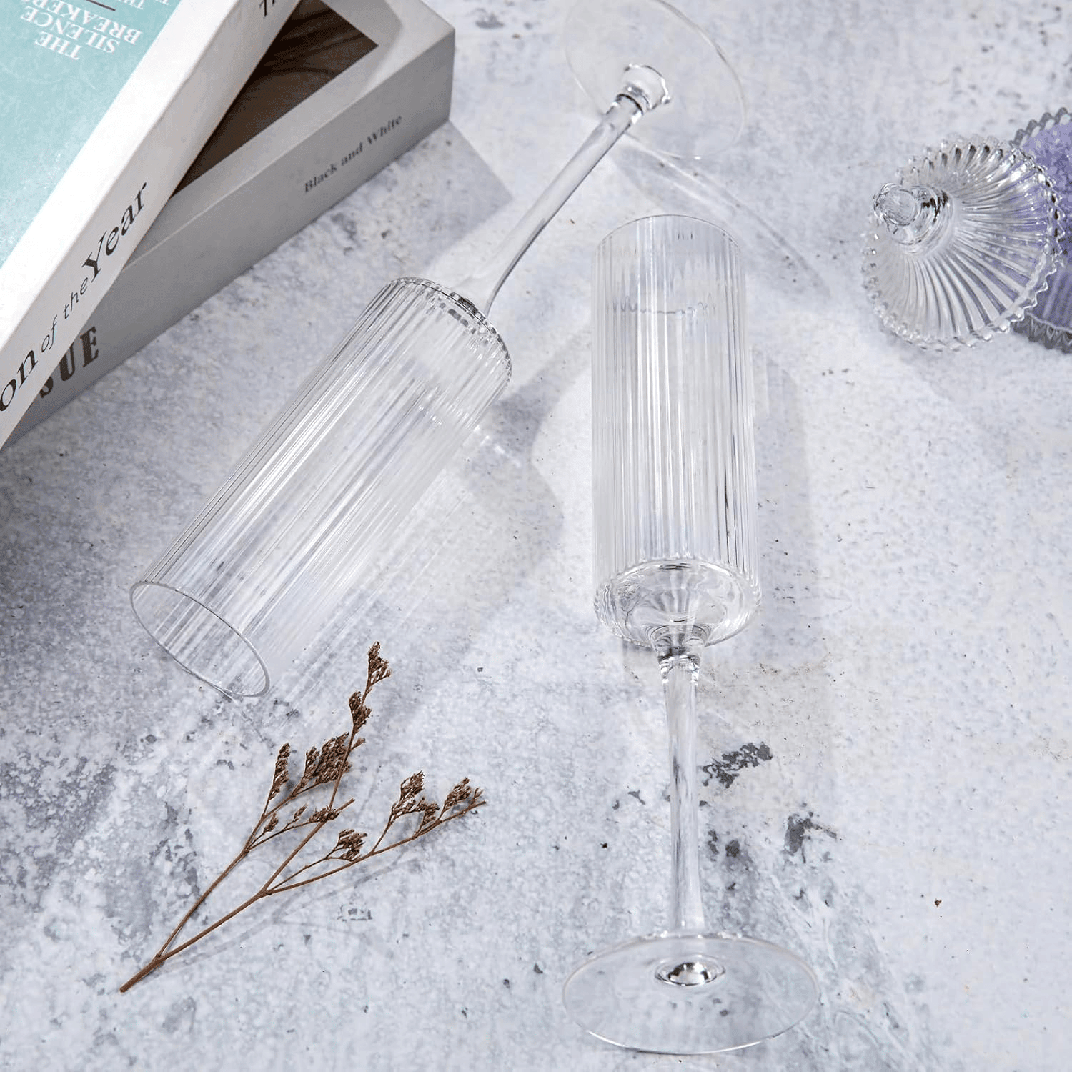 Long Stem Champagne Flutes, Ribbed Crystal, Hand Blown (6 oz) — view 10