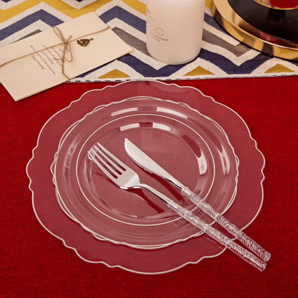 Clear & Silver Baroque Plates with Bamboo Cutlery Set (150 Pieces) — view 5