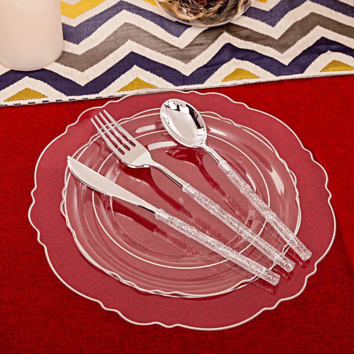 Clear & Silver Baroque Plates with Bamboo Cutlery Set (150 Pieces) — view 6
