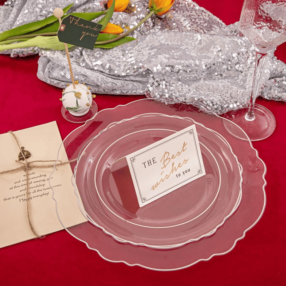 Clear & Silver Baroque Plates with Bamboo Cutlery Set (150 Pieces) — view 8