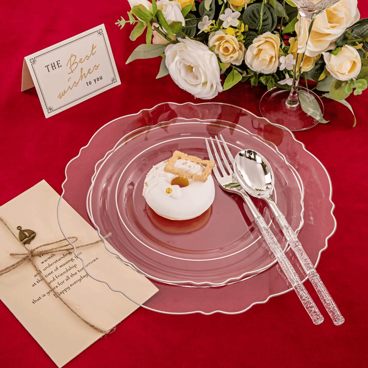 Clear & Silver Baroque Plates with Bamboo Cutlery Set (150 Pieces) — view 10
