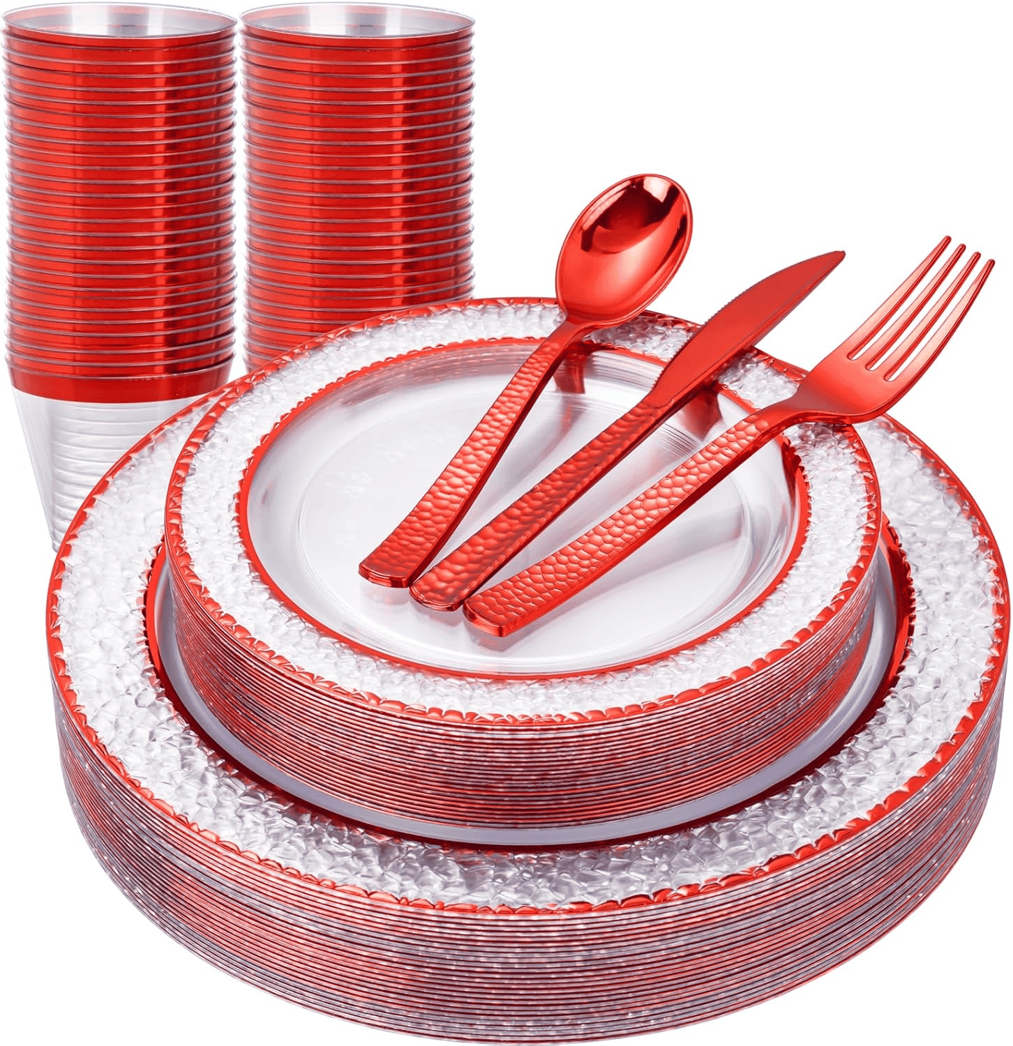 Red Rim Hammered Plates & Silverware Set (150 Pieces) — view 1