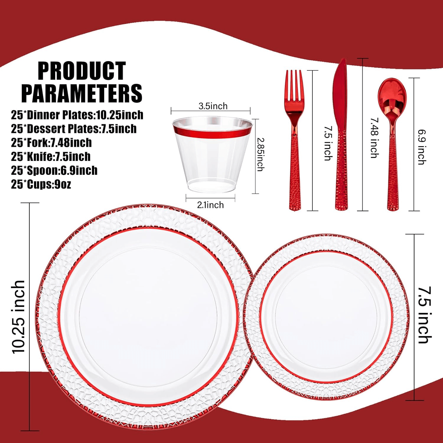 Red Rim Hammered Plates & Silverware Set (150 Pieces) — view 2