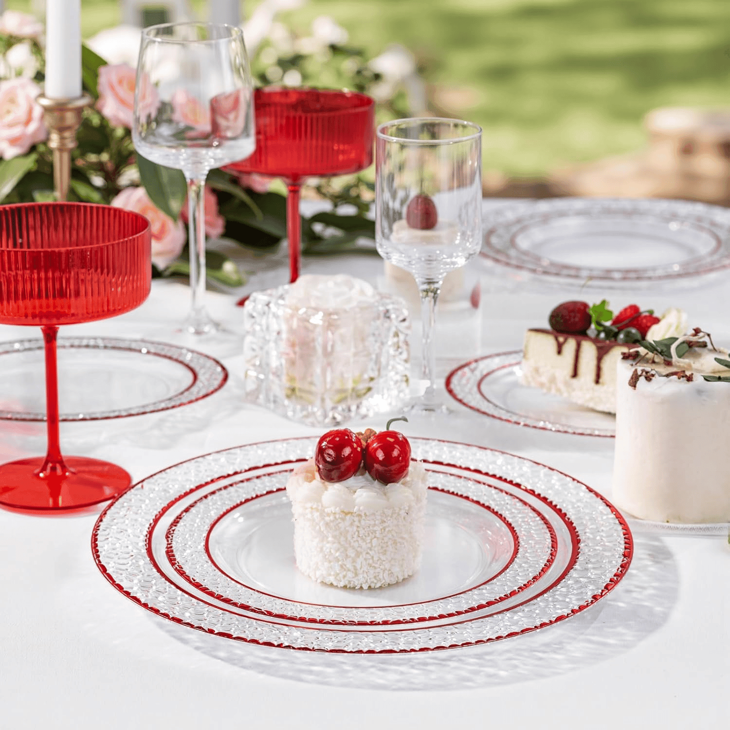 Red Rim Hammered Plates & Silverware Set (150 Pieces) — view 3