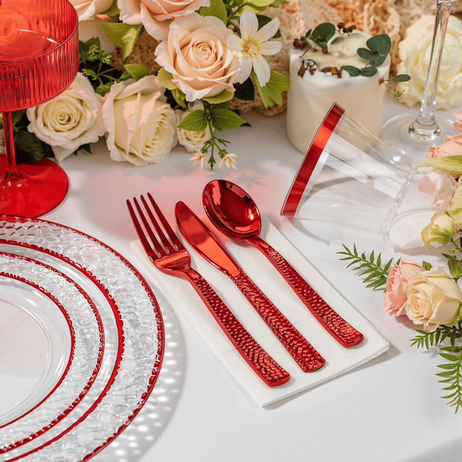 Red Rim Hammered Plates & Silverware Set (150 Pieces) — view 4