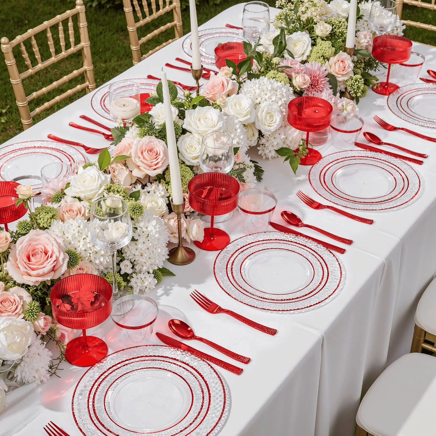 Red Rim Hammered Plates & Silverware Set (150 Pieces) — view 5