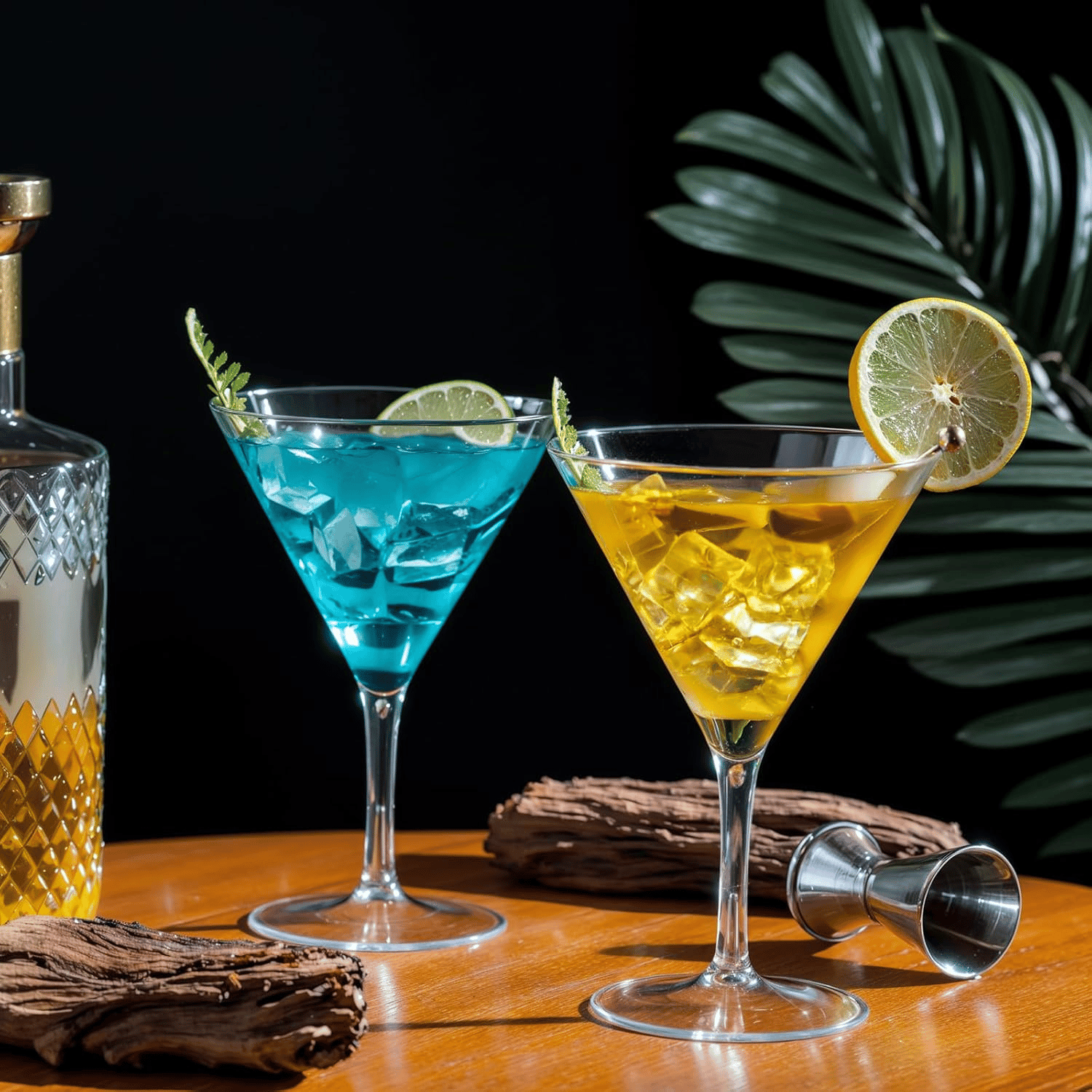 Two plastic martini glasses holding blue and yellow cocktails with lemon slices