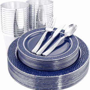 Blue And Silver Disposable Plastic Plates (150 Pieces) — view 1