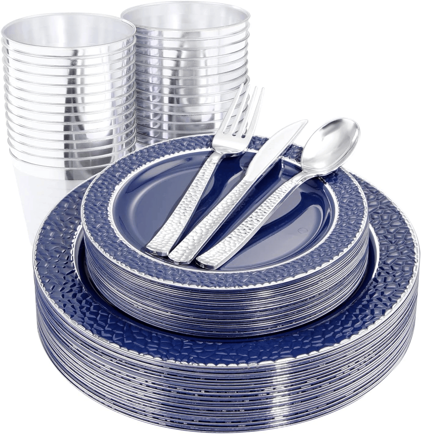Blue And Silver Disposable Plastic Plates (150 Pieces) — view 1