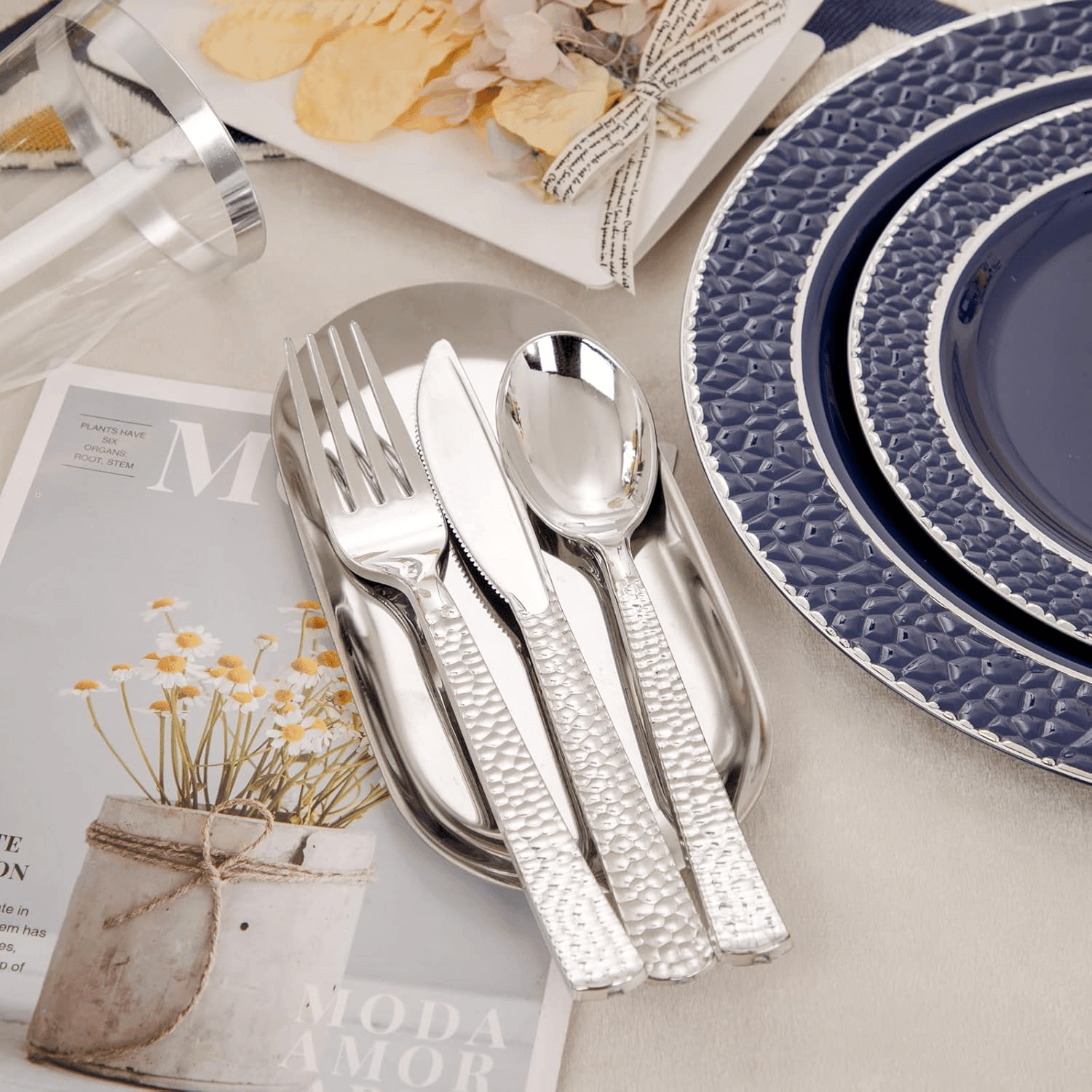 Blue And Silver Disposable Plastic Plates (150 Pieces) — view 5