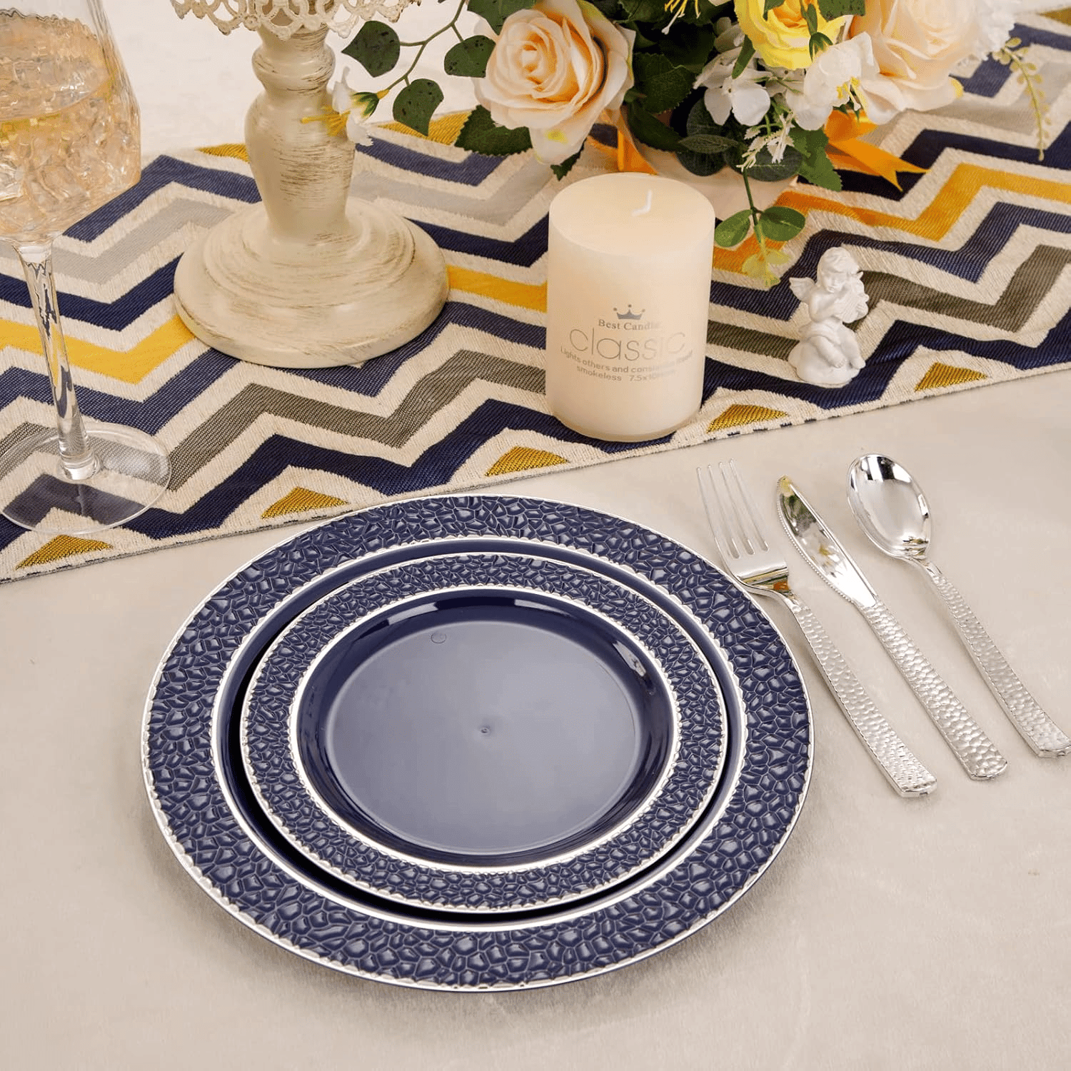 Blue And Silver Disposable Plastic Plates (150 Pieces) — view 7