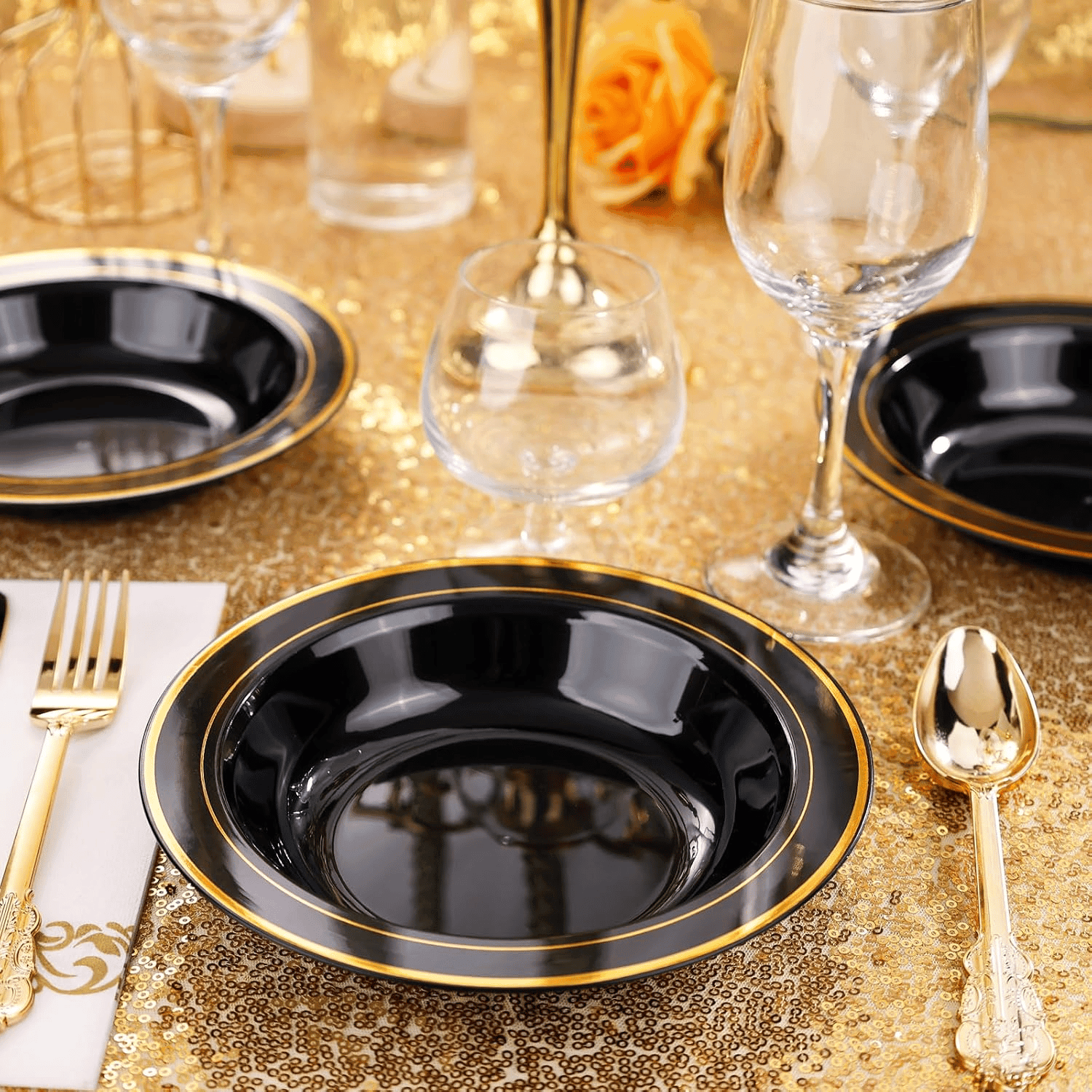 Black Plastic Bowls with Gold Rim — view 8
