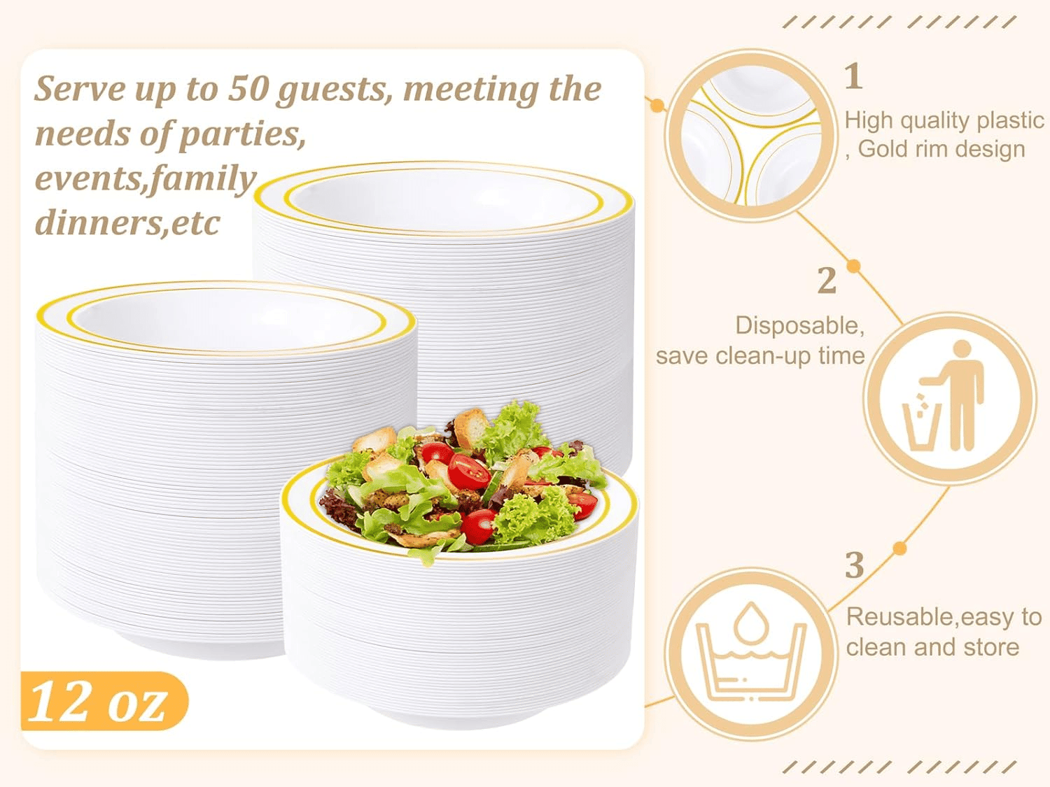 White Plastic Bowls with Gold Rim — view 8