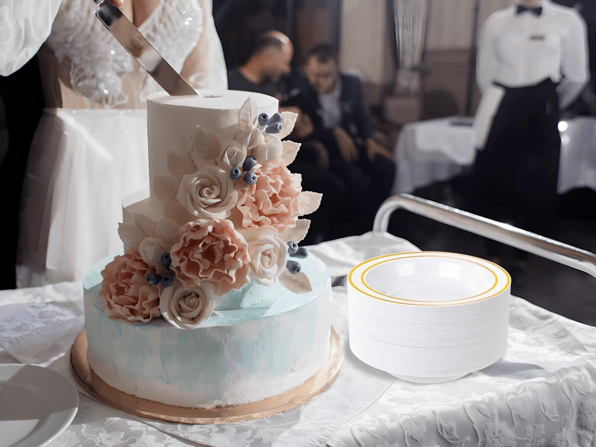 White Plastic Bowls with Gold Rim — view 9