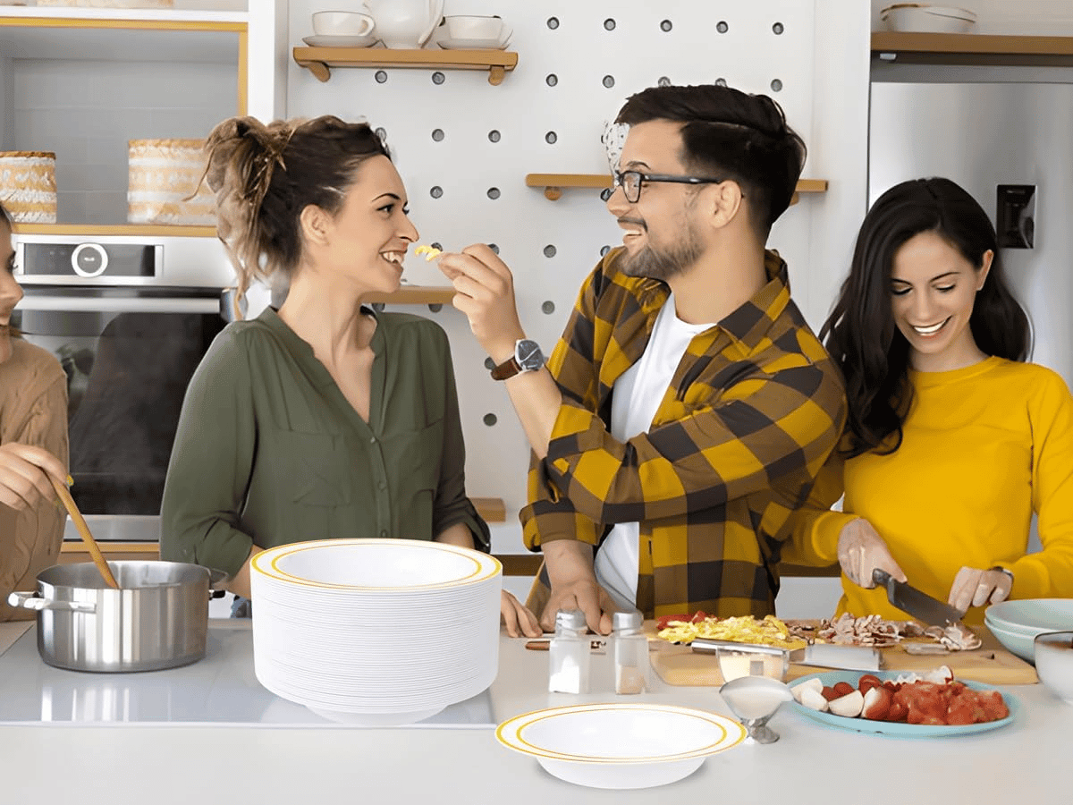 White Plastic Bowls with Gold Rim — view 10