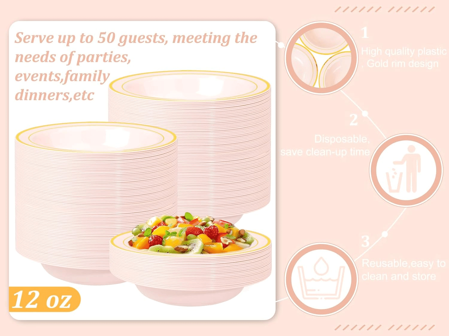 Pink Plastic Bowls with Gold Rim — view 9
