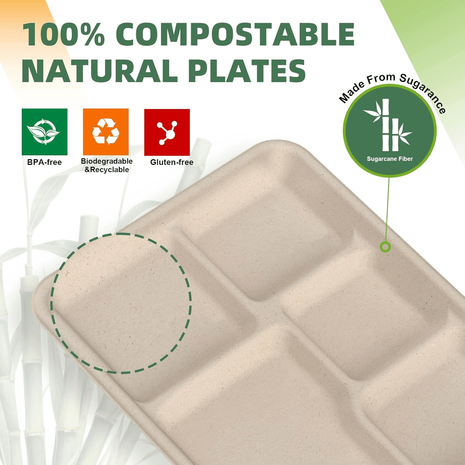 Natural 100% Compostable 5 Compartment Paper Plates — view 4