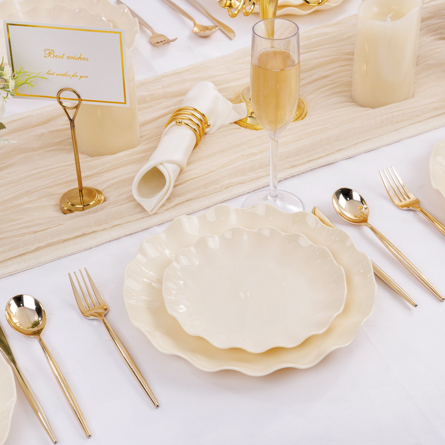 Ivory LIYH Scalloped Plastic Plates Reusable Unbreakable Dinner Plates Set — view 3