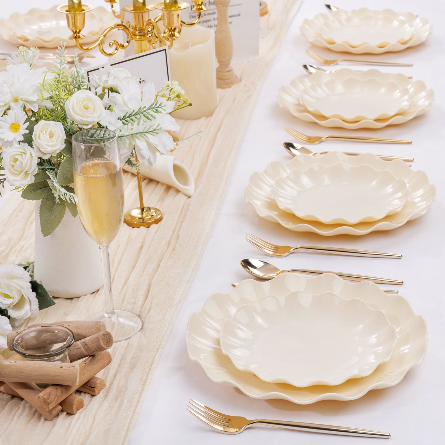 Ivory LIYH Scalloped Plastic Plates Reusable Unbreakable Dinner Plates Set — view 5
