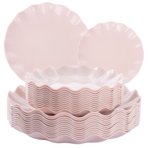 Pink LIYH Scalloped Plastic Plates Reusable Unbreakable Dinner Plates Set — view 1