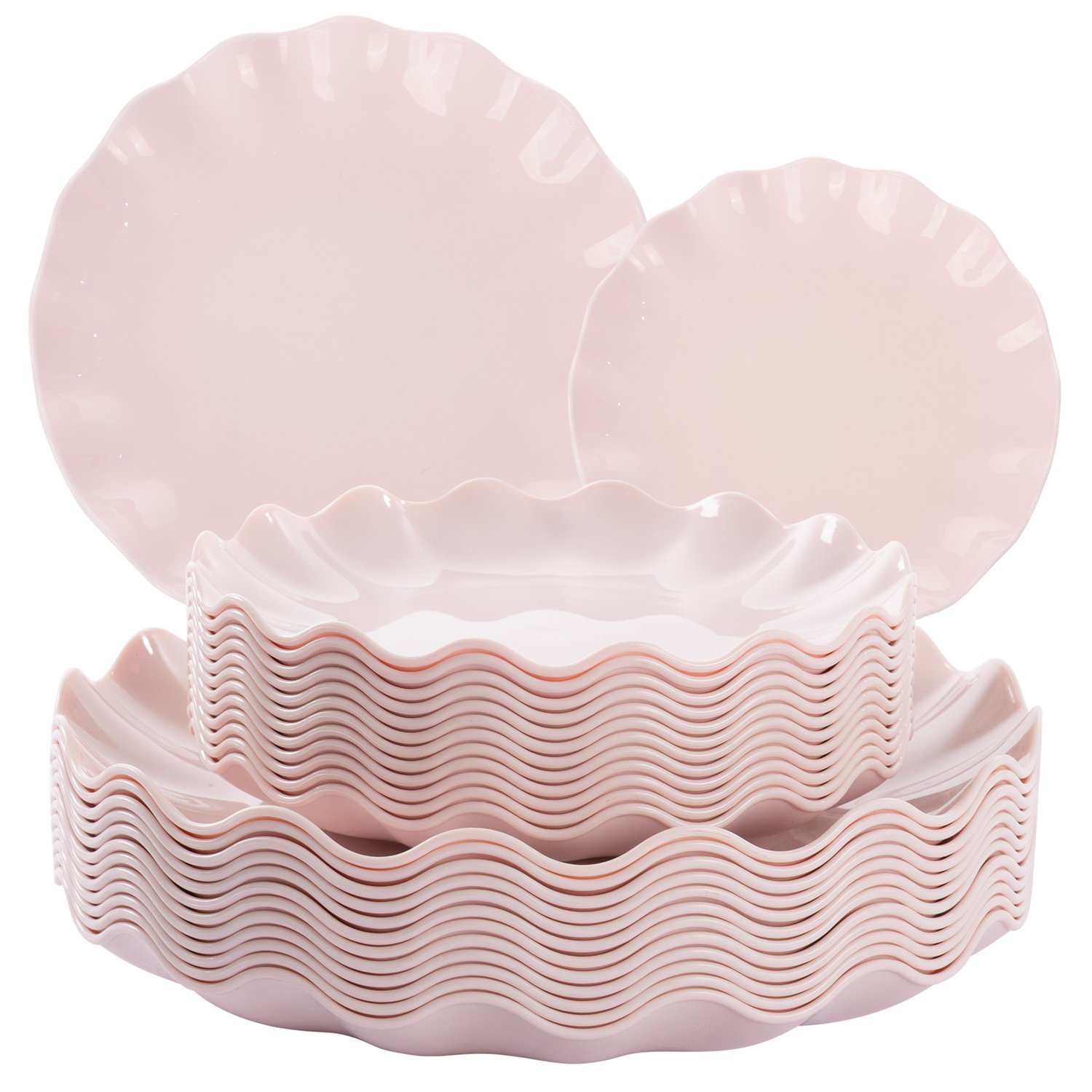 Pink LIYH Scalloped Plastic Plates Reusable Unbreakable Dinner Plates Set — view 1