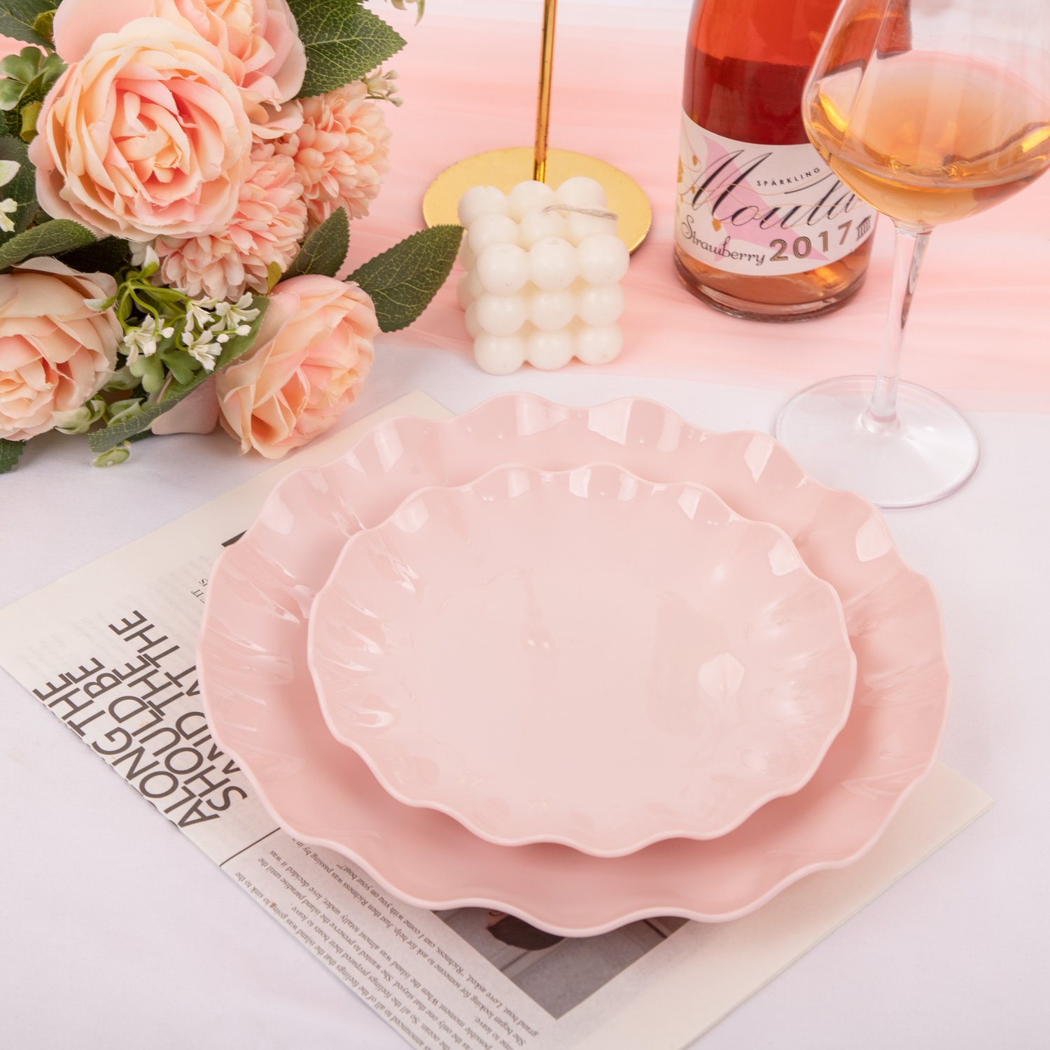 Pink LIYH Scalloped Plastic Plates Reusable Unbreakable Dinner Plates Set — view 5