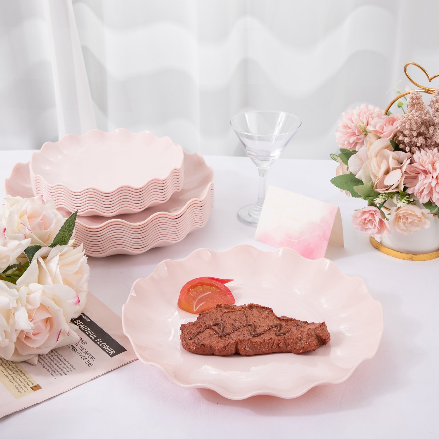 Pink LIYH Scalloped Plastic Plates Reusable Unbreakable Dinner Plates Set — view 6