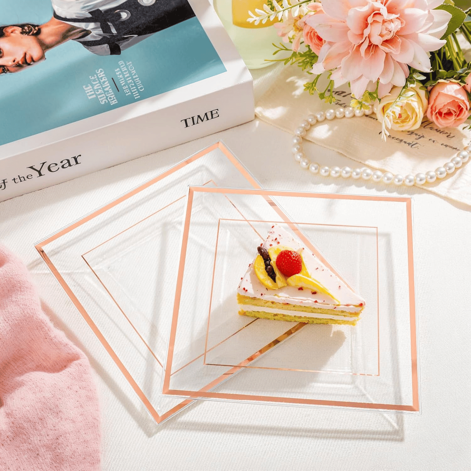 Clear Rose Gold Square Plastic Plates-6inch Disposable Cake Plates- Premium Hard Square Small Appetizer Plates for Wedding/Party — view 8