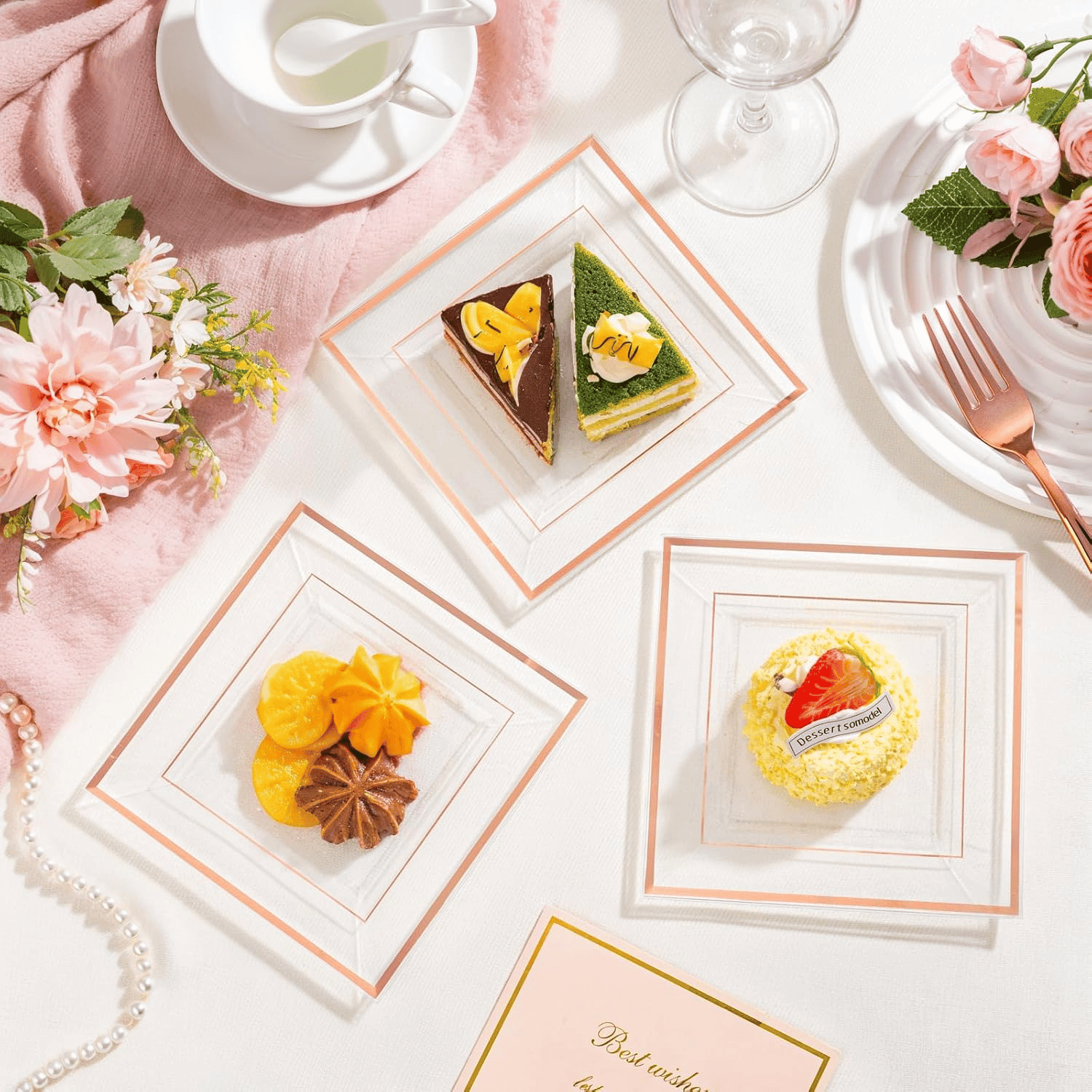 Clear Rose Gold Square Plastic Plates-6inch Disposable Cake Plates- Premium Hard Square Small Appetizer Plates for Wedding/Party — view 9