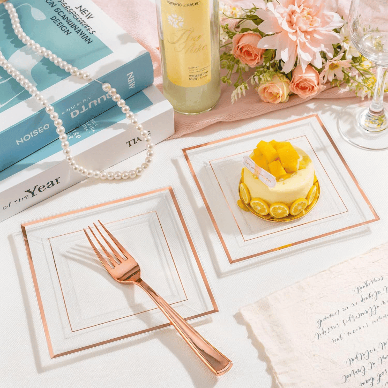 Clear Rose Gold Square Plastic Plates-6inch Disposable Cake Plates- Premium Hard Square Small Appetizer Plates for Wedding/Party — view 10