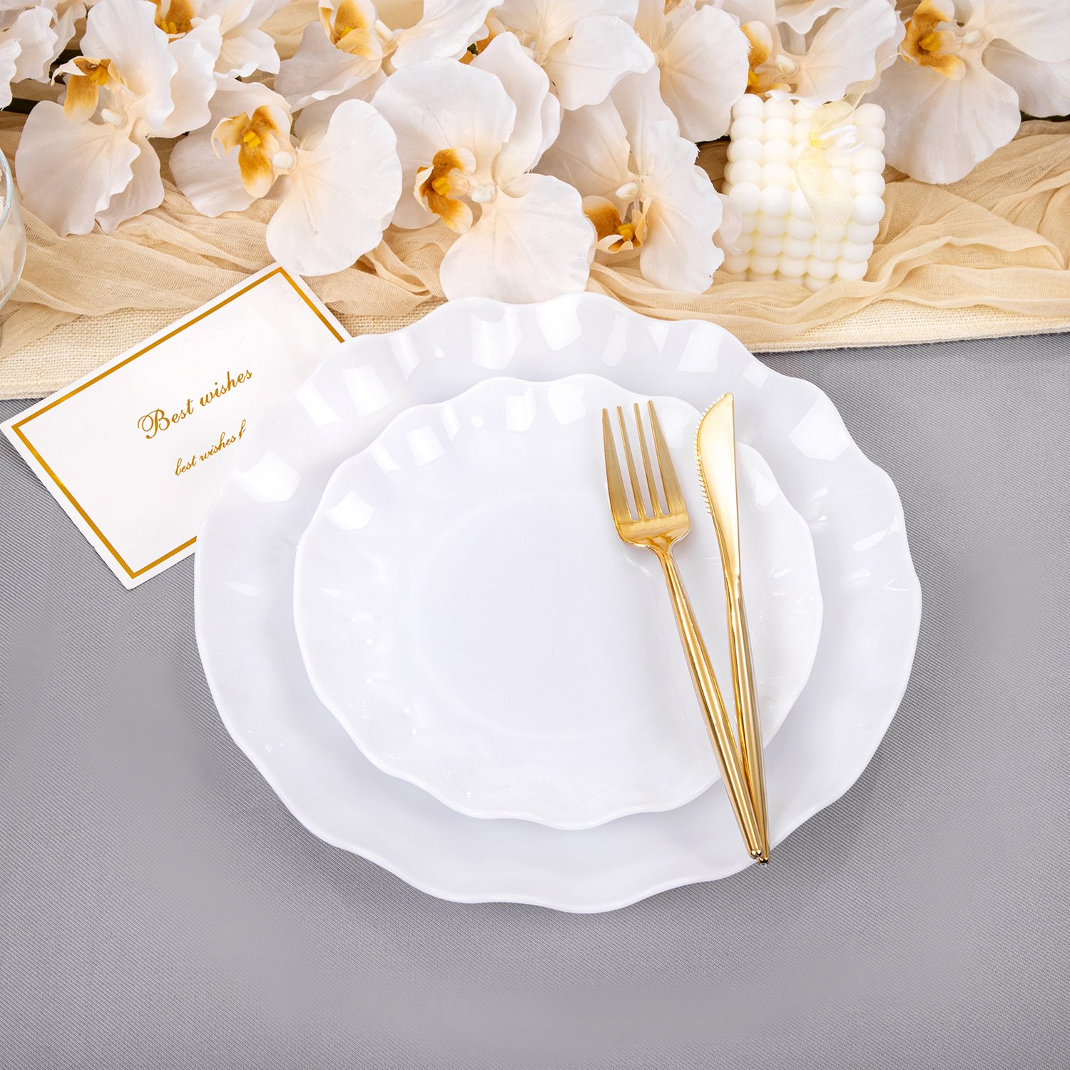 White LIYH Scalloped Plastic Plates Reusable Unbreakable Dinner Plates Set — view 3