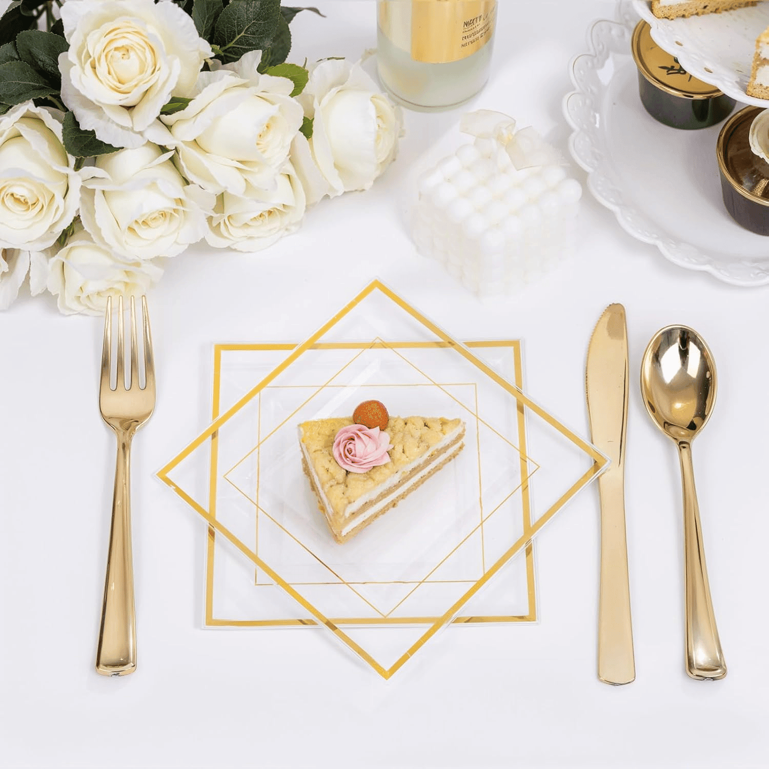 Clear Gold Square Plastic Plates-6inch Disposable Cake Plates- Premium Hard Square Small Appetizer Plates for Wedding/Party — view 8