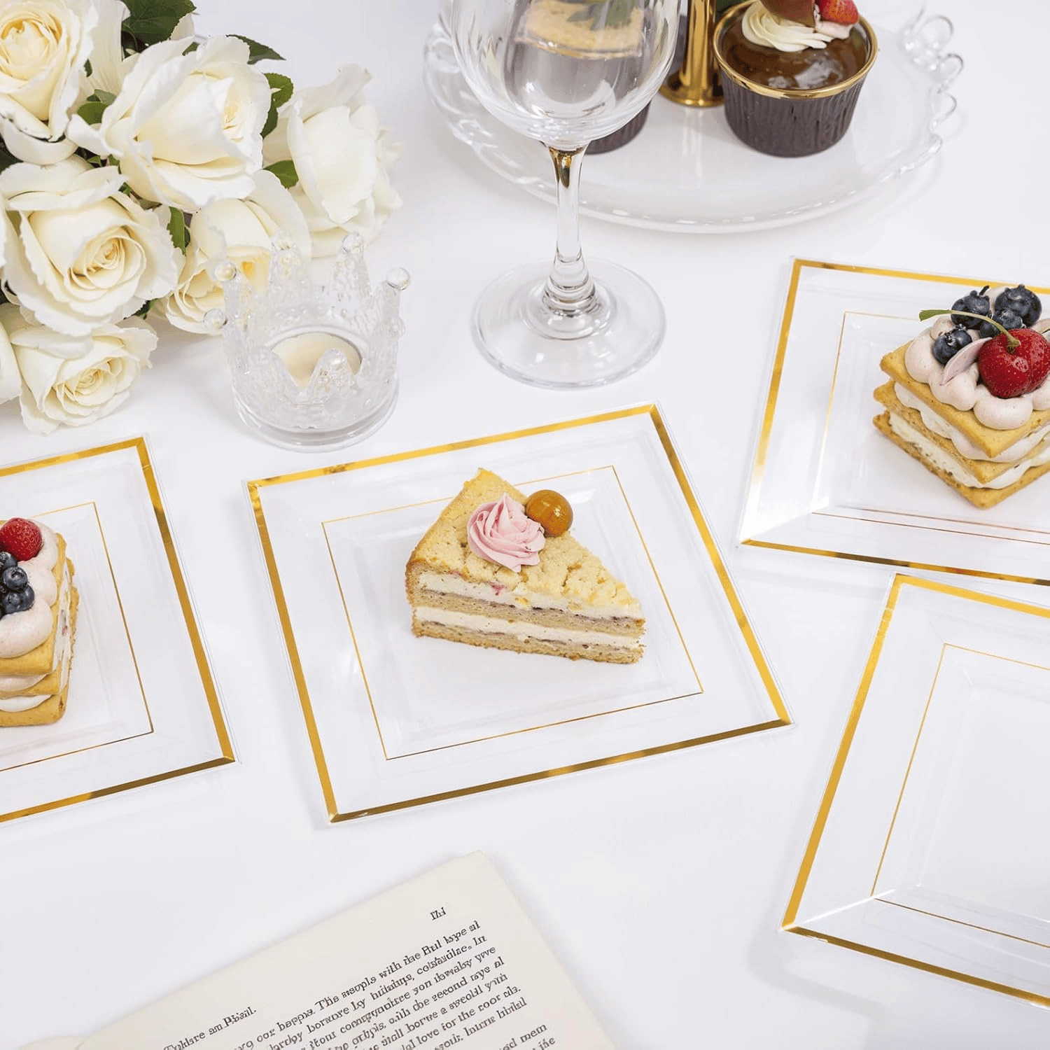 Clear Gold Square Plastic Plates-6inch Disposable Cake Plates- Premium Hard Square Small Appetizer Plates for Wedding/Party — view 9