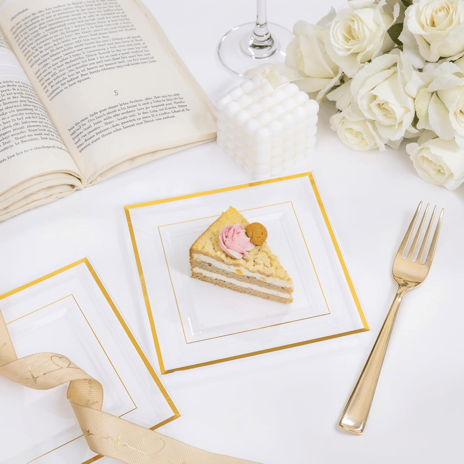 Clear Gold Square Plastic Plates-6inch Disposable Cake Plates- Premium Hard Square Small Appetizer Plates for Wedding/Party — view 10