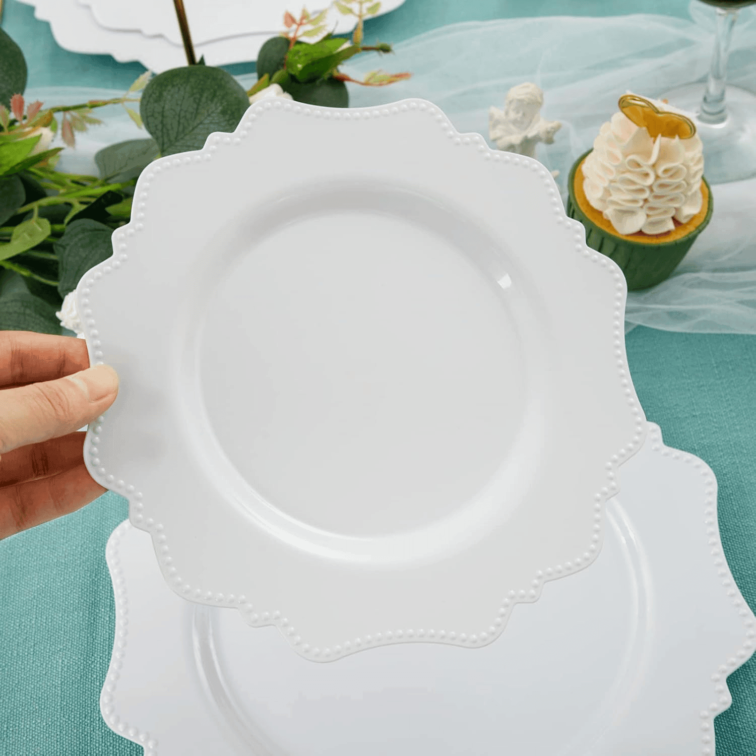 White Disposable Plastic Plates-Heavy duty plate for party/wedding/anniversary 30 dinner plates and 30 dessert/salad plates — view 8
