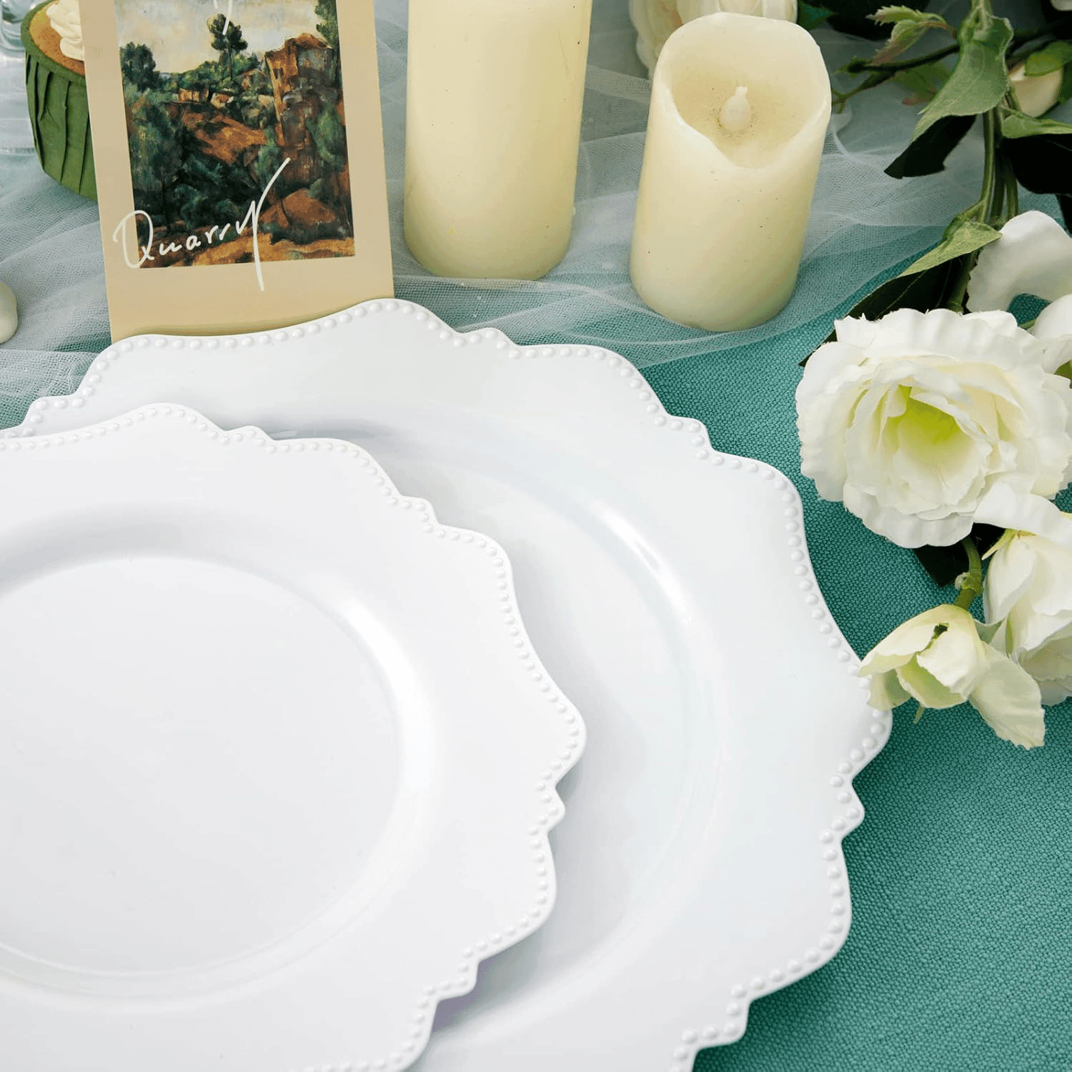 White Disposable Plastic Plates-Heavy duty plate for party/wedding/anniversary 30 dinner plates and 30 dessert/salad plates — view 9