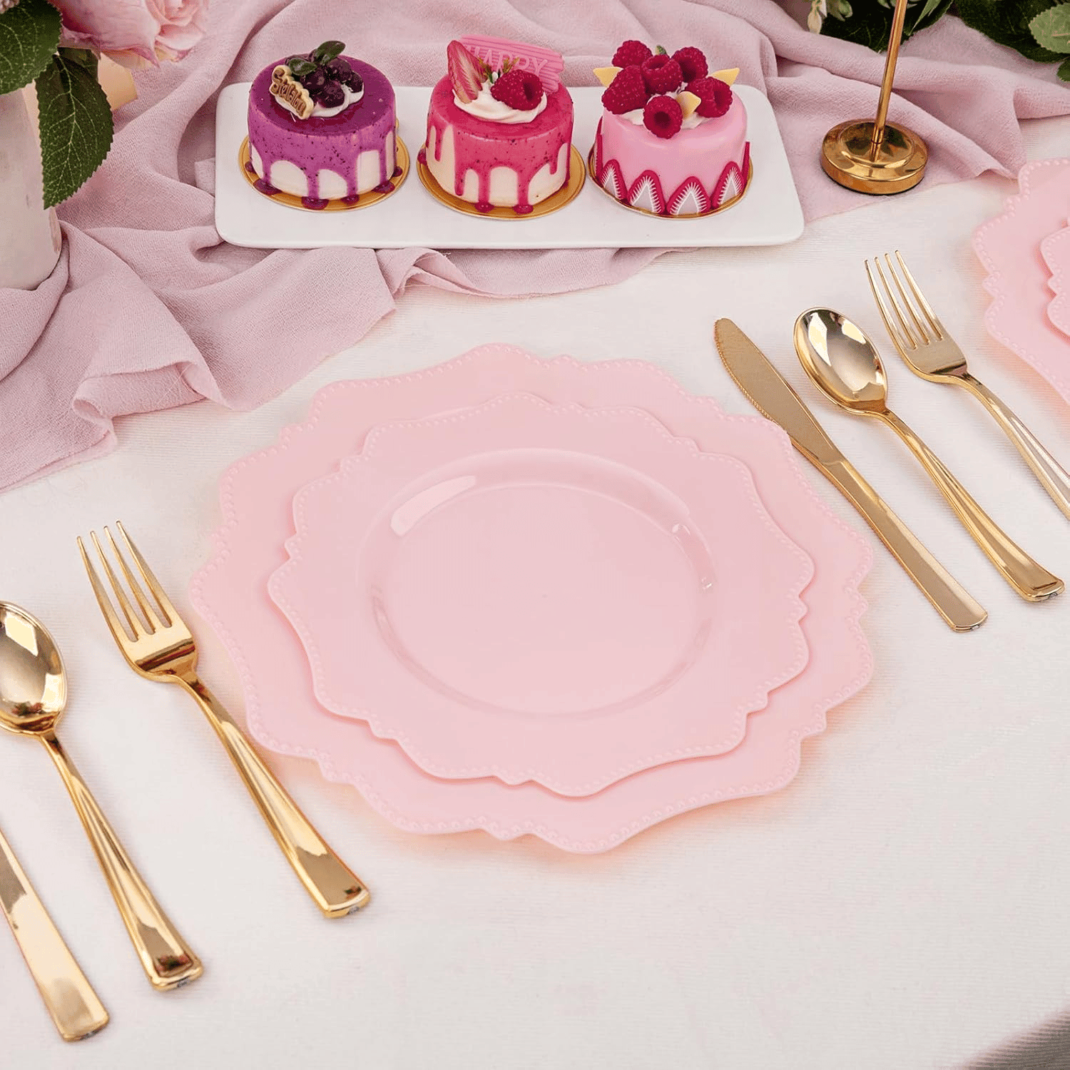 Pink Disposable Plastic Plates-Heavy duty plate for party/wedding/anniversary 30 dinner plates and 30 dessert/salad plates — view 8