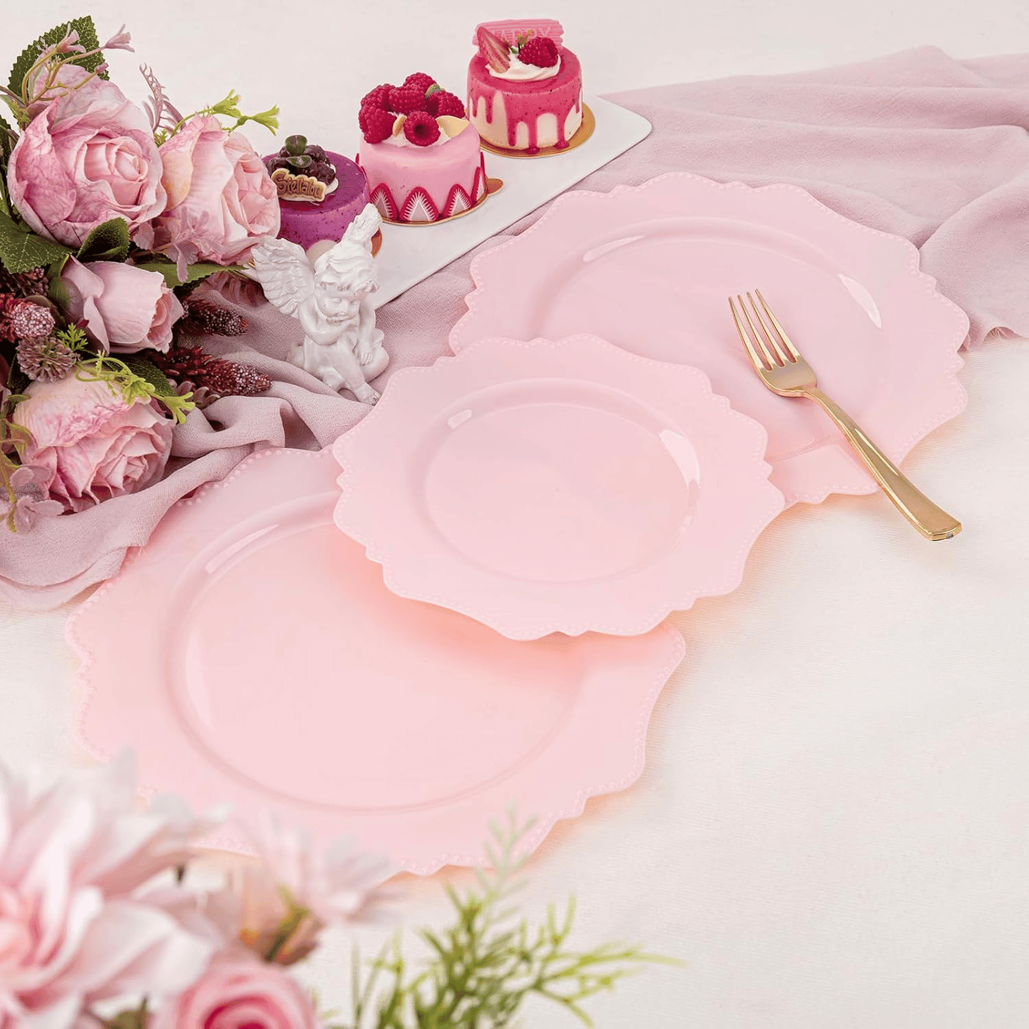 Pink Disposable Plastic Plates-Heavy duty plate for party/wedding/anniversary 30 dinner plates and 30 dessert/salad plates — view 9