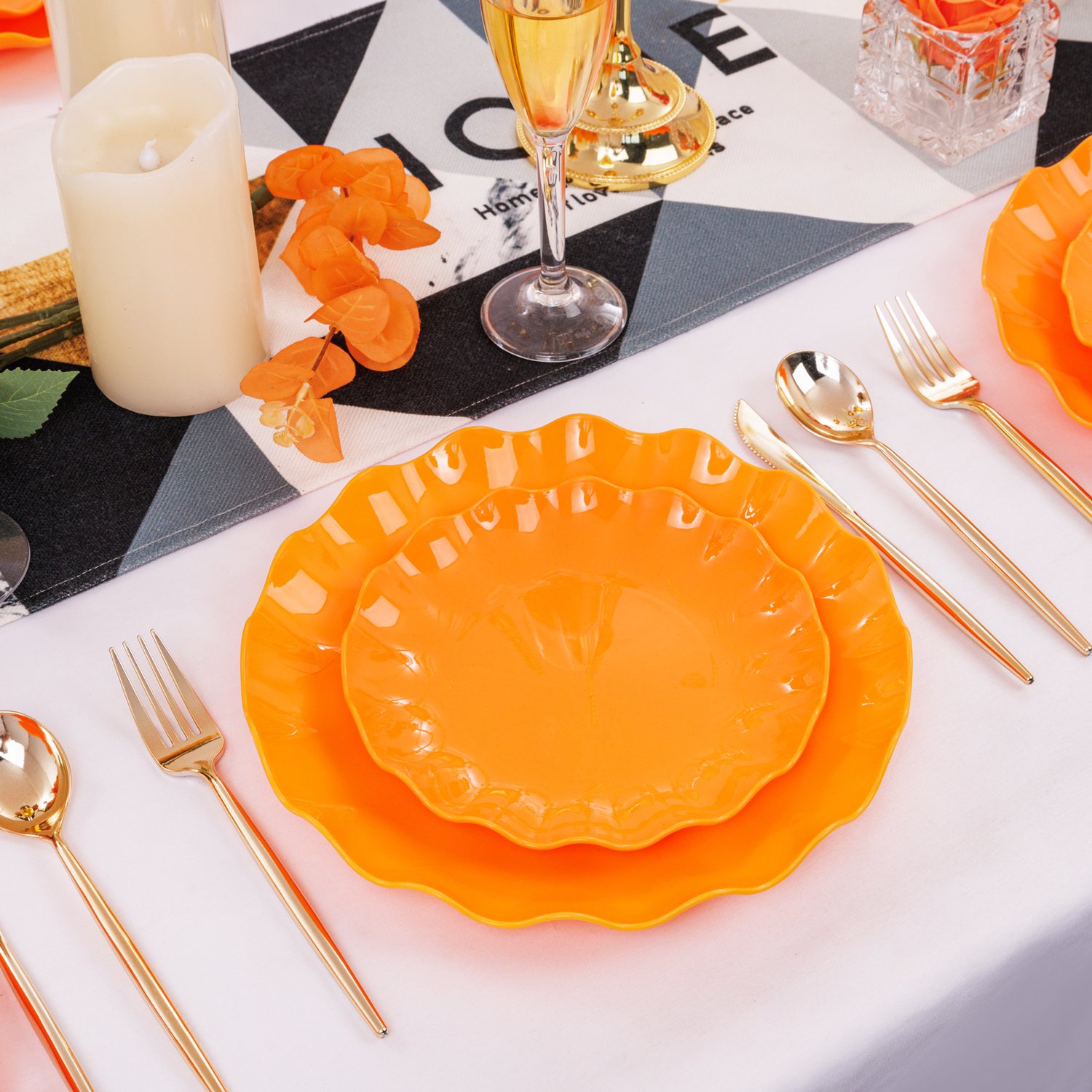 Orange LIYH Scalloped Plastic Plates Reusable Unbreakable Dinner Plates Set — view 3