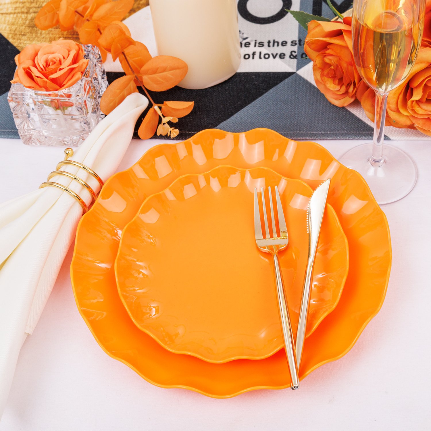 Orange LIYH Scalloped Plastic Plates Reusable Unbreakable Dinner Plates Set — view 4
