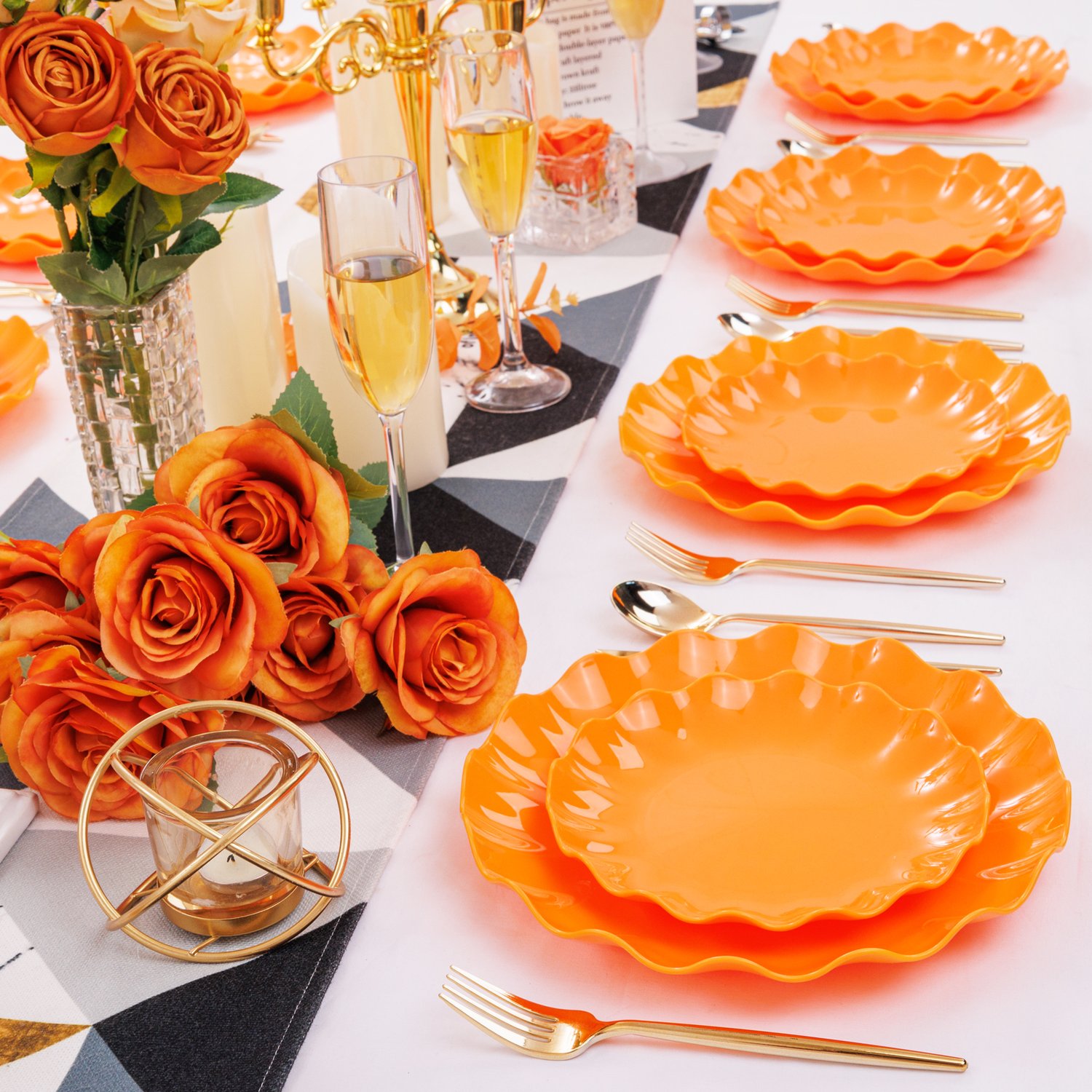 Orange LIYH Scalloped Plastic Plates Reusable Unbreakable Dinner Plates Set — view 5