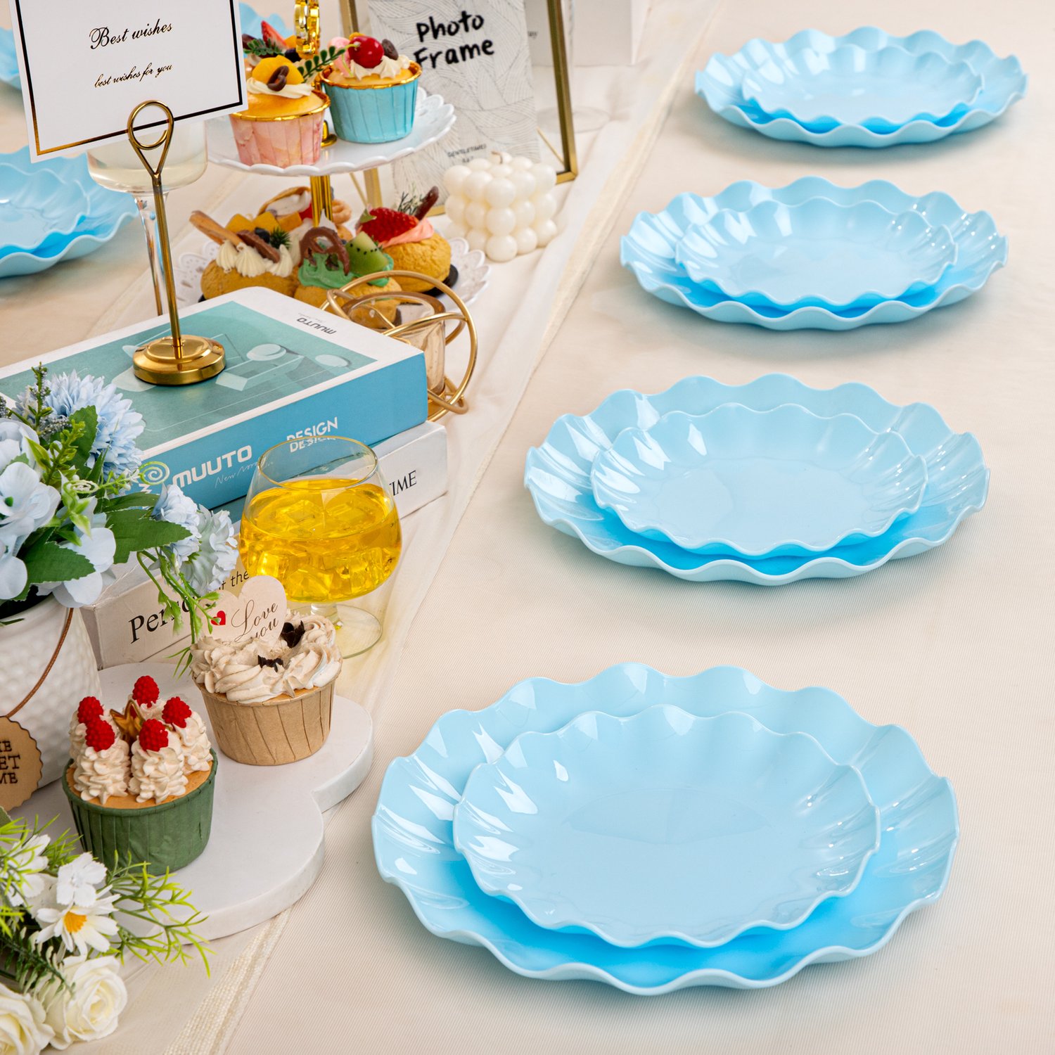 Blue LIYH Scalloped Plastic Plates Reusable Unbreakable Dinner Plates Set — view 5