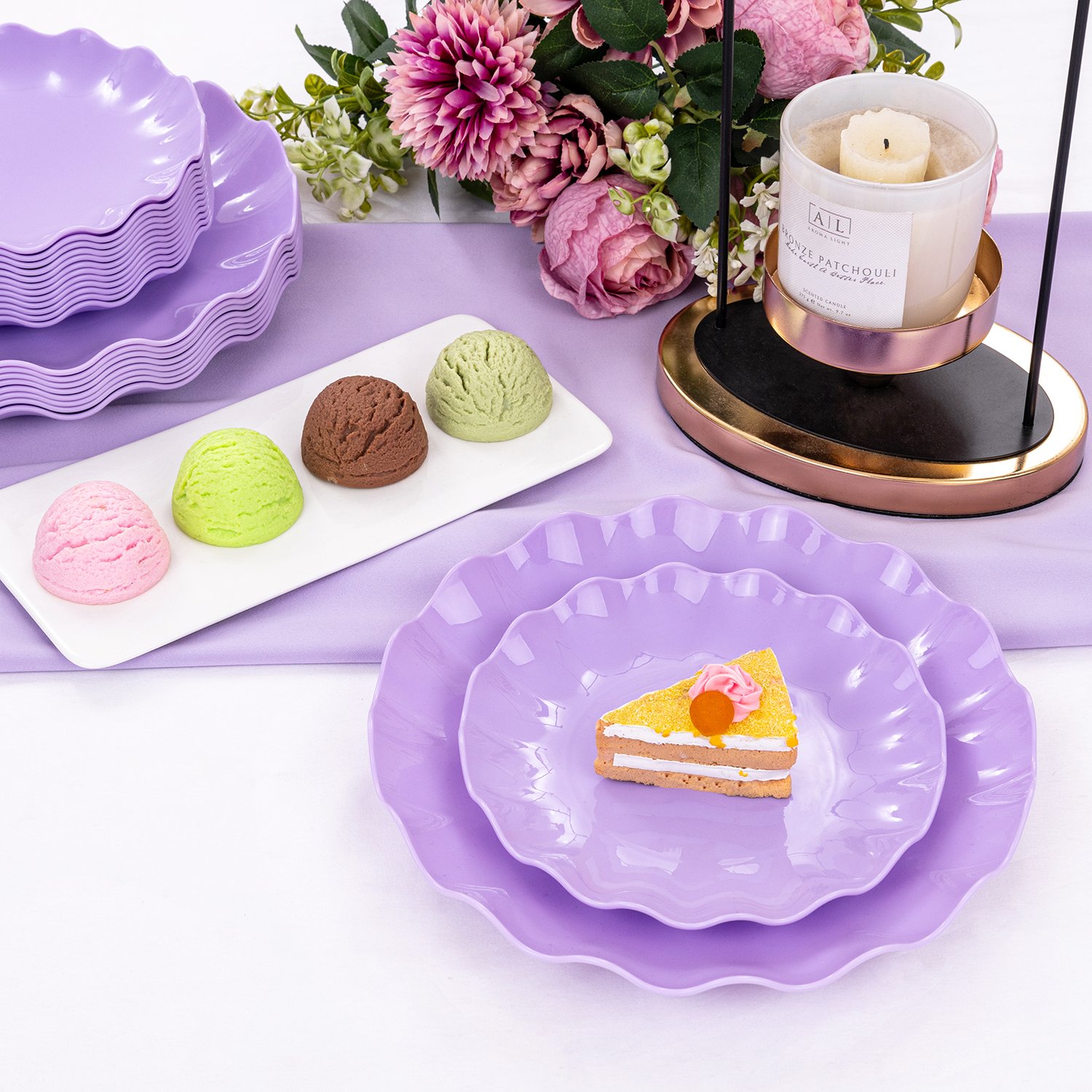 Purple LIYH Scalloped Plastic Plates Reusable Unbreakable Dinner Plates Set — view 3