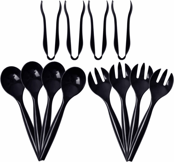 Black Serving Utensils,Plastic Serving Utensils,Disposable Serving Utensils Set Include 9.75"Serving Spoons 9.75"Serving Forks 6.3"Plastic Serving Tongs for — view 1