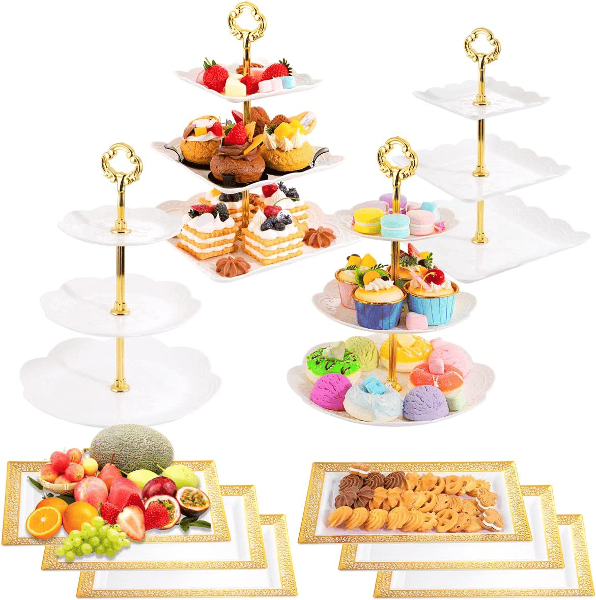 3-Tier Plastic Cupcake Dessert Stand Sets with Dessert Square Plates (10 Pieces) — view 1