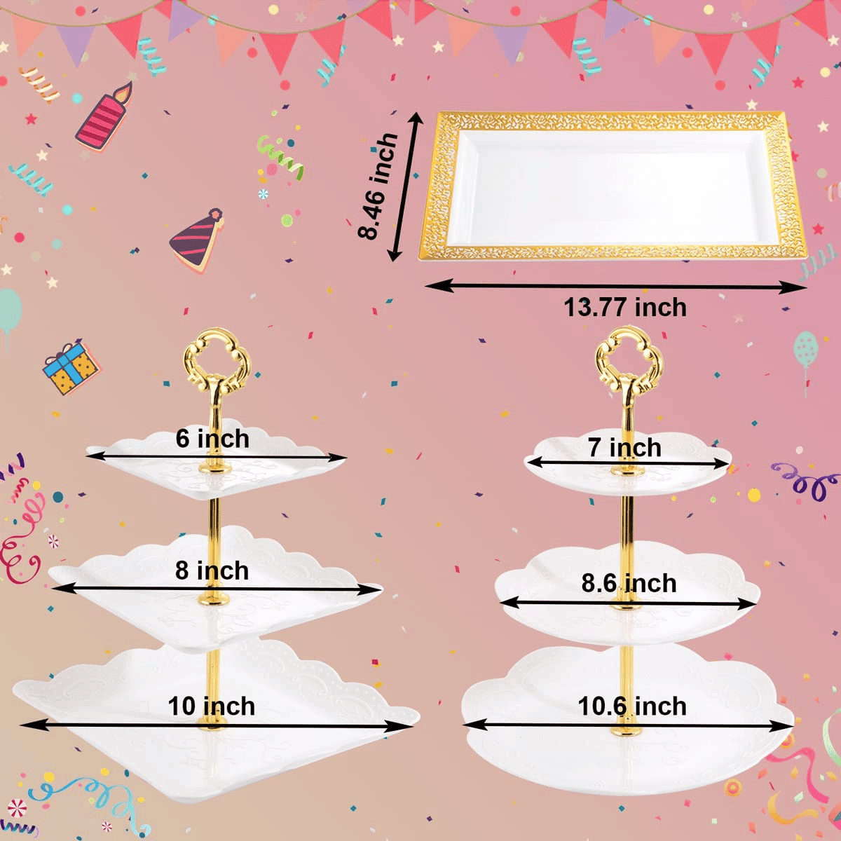 3-Tier Plastic Cupcake Dessert Stand Sets with Dessert Square Plates (10 Pieces) — view 3