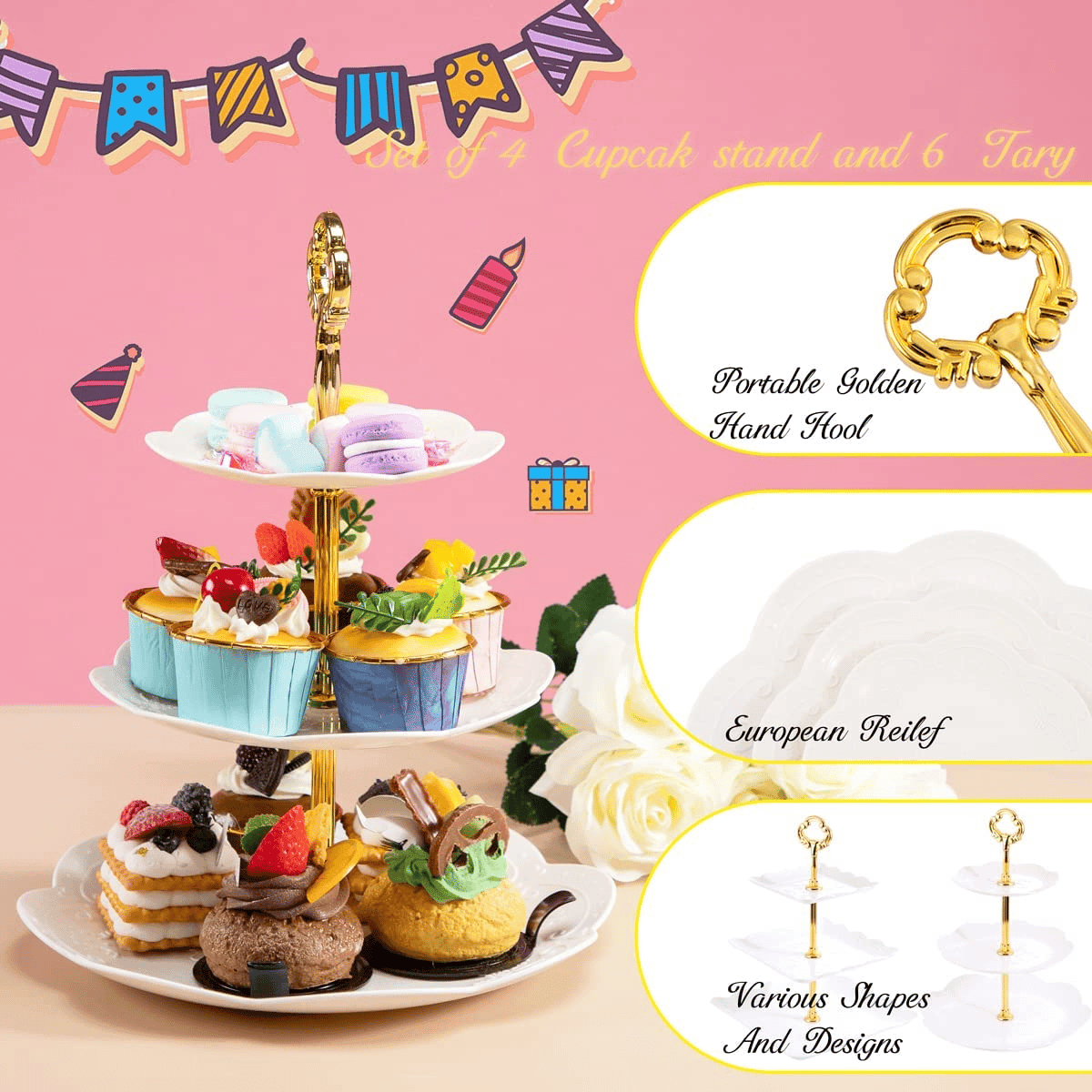 3-Tier Plastic Cupcake Dessert Stand Sets with Dessert Square Plates (10 Pieces) — view 4