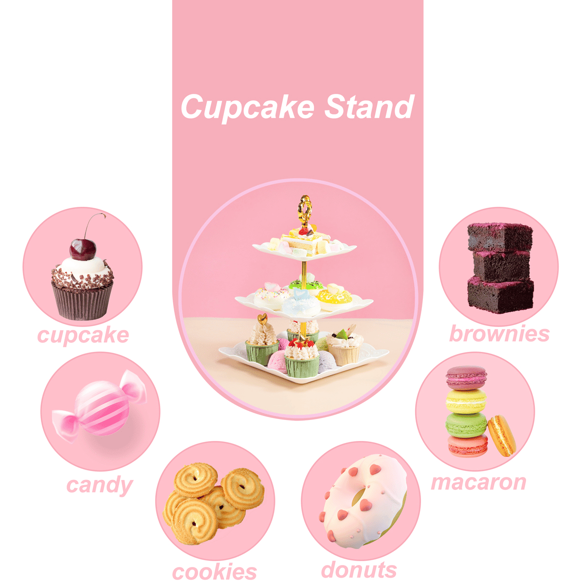 3-Tier Plastic Cupcake Dessert Stand Sets with Dessert Square Plates (10 Pieces) — view 5